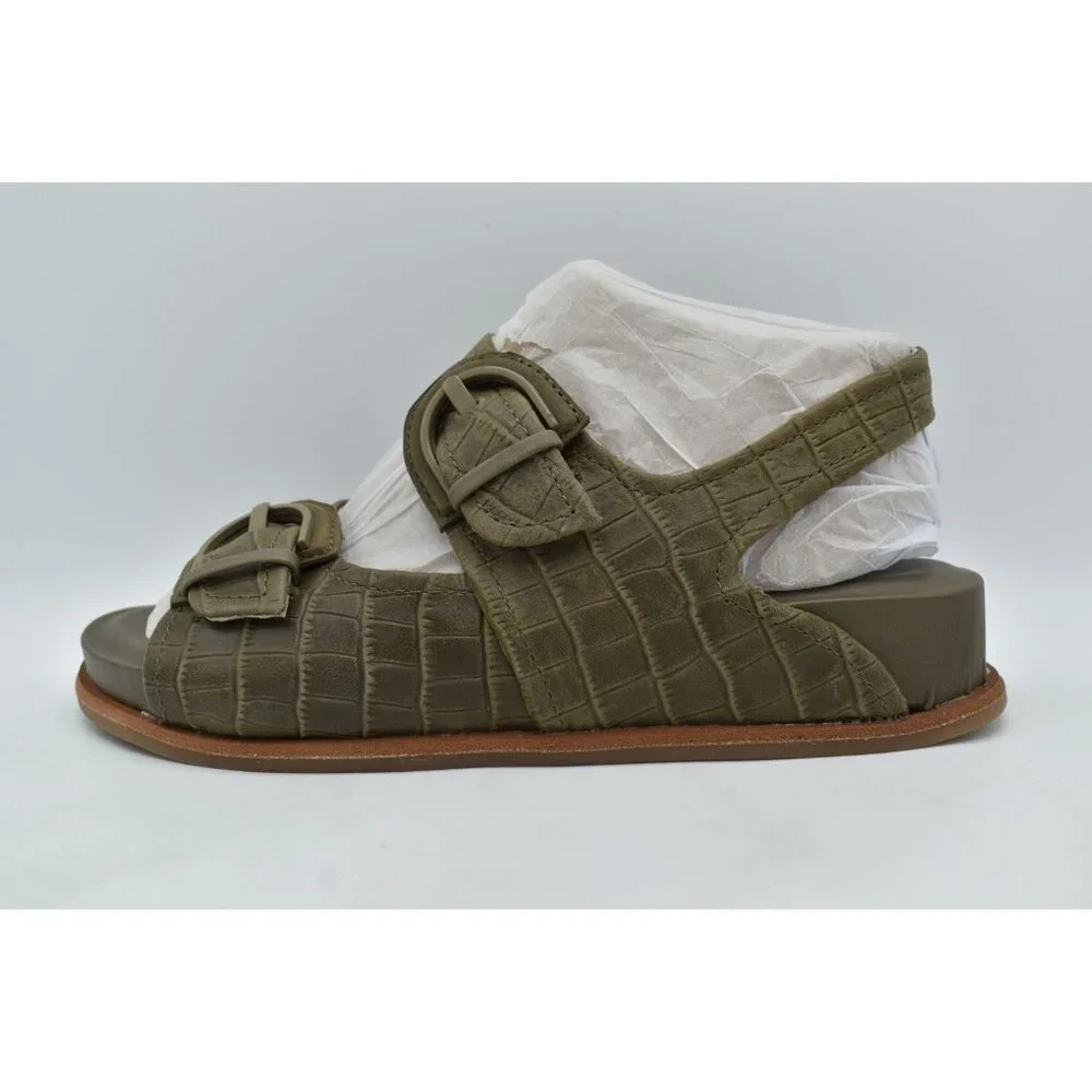 Sofft Women Size 7.5 Adalia Pale Olive Buckle Suede Croc Embossed Leather Sandal
